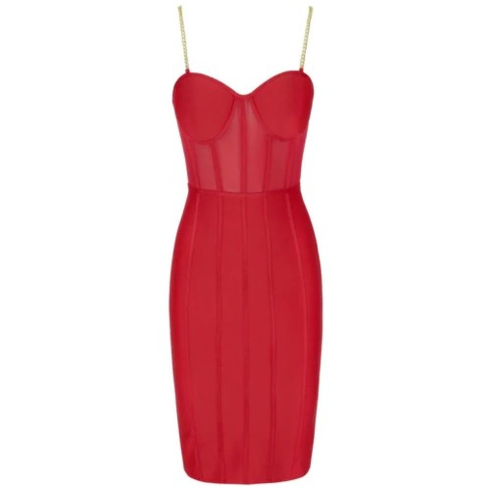 Red Top Chain Link Bandage Body Con Short Dress - Picture 6 of 14